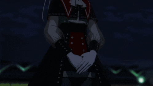 a girl with long white hair and a red cape is standing in the dark