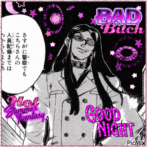 a man with long hair and glasses is standing in front of a sign that says bad bitch .
