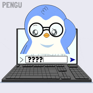 a penguin with glasses is looking at a laptop screen with a question mark on it