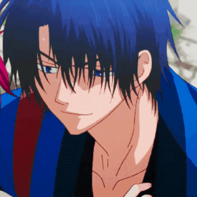 a close up of a man with blue hair