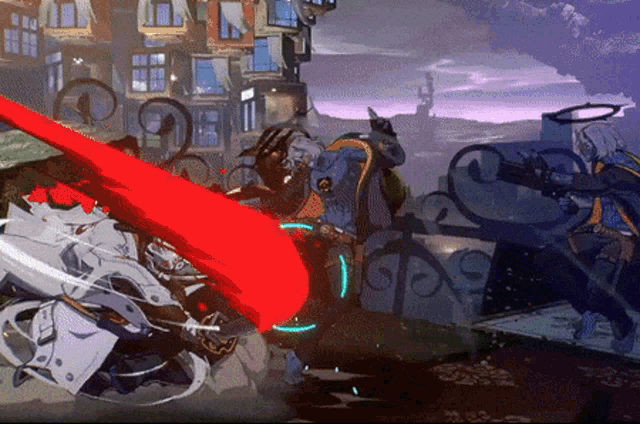 a video game scene with a red beam coming out of a sword