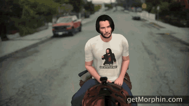 a man riding a horse wearing a t-shirt that says " you 're on a train "