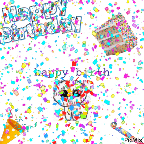a birthday card with a skull and confetti and the words happy birthday