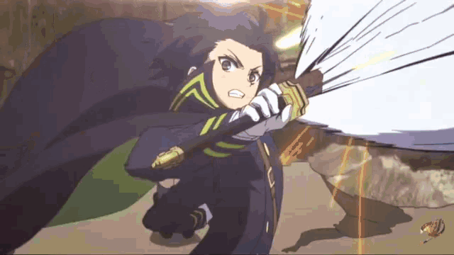 a girl with long black hair is holding a sword in her hand