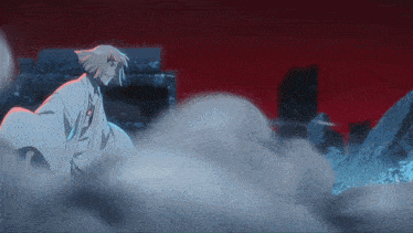 a man in a white robe is surrounded by smoke and a red background