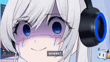 a girl wearing headphones is asking where in a video game