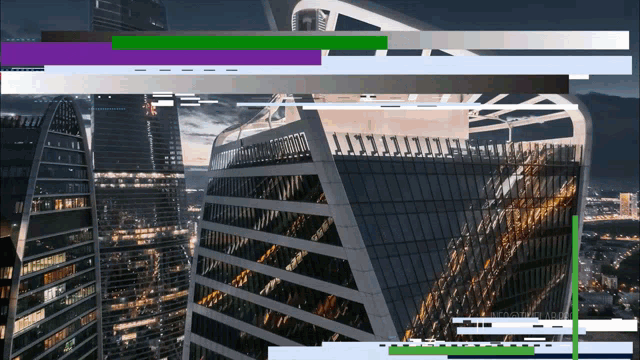 a screen shot of a city skyline with a purple and green stripe on the left