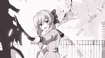 a black and white drawing of a girl in a school uniform holding a sword .
