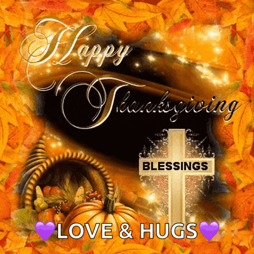 a happy thanksgiving greeting card with a cross and a cornucopia