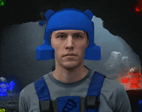 a man wearing a blue helmet with a brick fleet logo on the chest