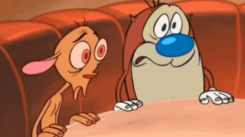 two cartoon characters are standing next to each other and one has a blue nose