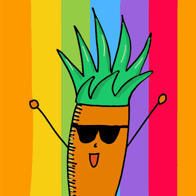 a cartoon drawing of a carrot wearing sunglasses with a rainbow background