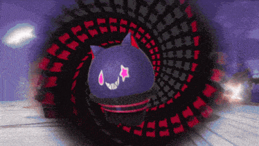 a purple cat with a star on its face is surrounded by red and black spirals