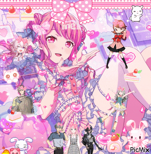 a girl in a pink dress with a bow on her head is surrounded by other anime characters including a cat and a rabbit