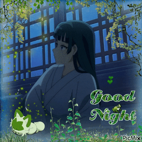 a picture of a girl and a cat with the words good night on the bottom