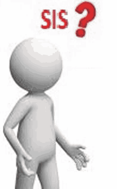 a 3d man is standing with a red question mark above his head .