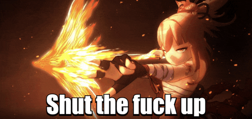 a picture of a girl holding a fire arrow with the words shut the fuck up below her