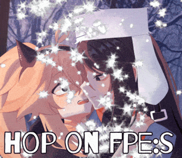 a picture of two anime characters with the words hop on fpe s