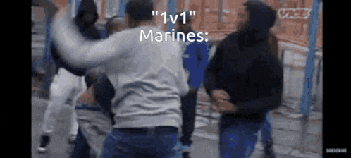 a group of men are fighting on a street with the words " 1v1 marines " in the corner