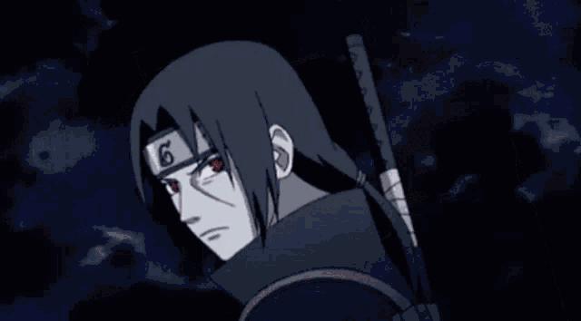 itachi uchiha from naruto is wearing a headband with the letter g on it .