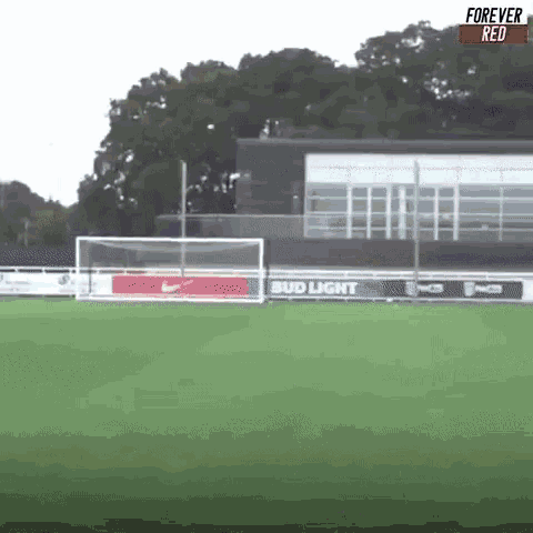 a soccer field with a bud light advertisement