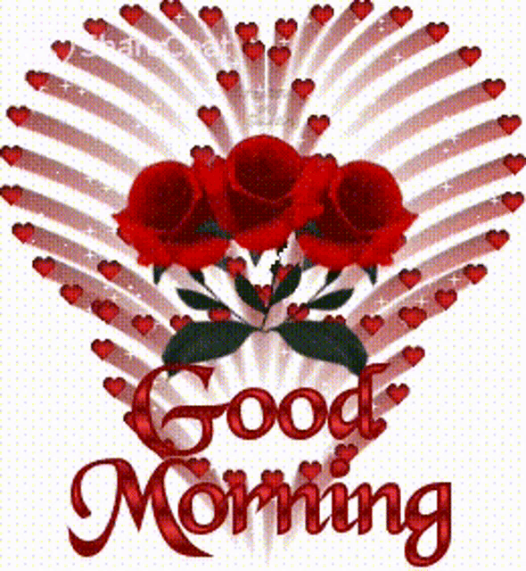 a good morning greeting card with red roses in the shape of a heart
