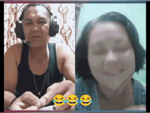 a man wearing headphones and a woman wearing a black tank top