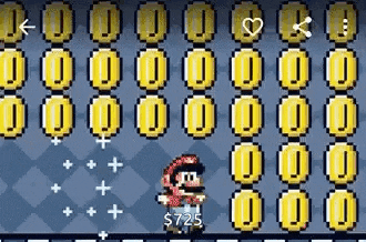a pixel art of mario standing in front of a row of coins .