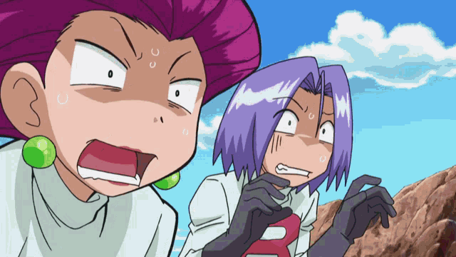 a cartoon character with purple hair and green earrings looks surprised