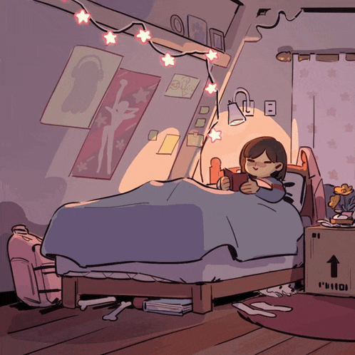 a drawing of a girl reading a book in a bedroom