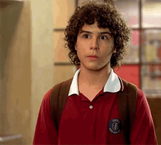 a young boy with curly hair is wearing a red polo shirt and a backpack
