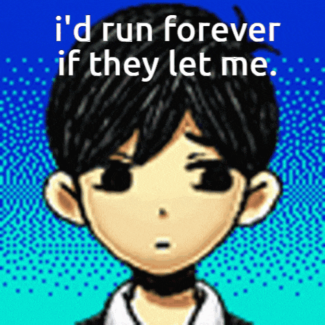 a pixel art of a boy with the words i 'd run forever if they let me