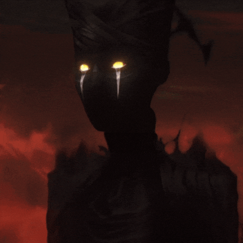 a silhouette of a person with glowing yellow eyes