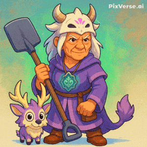 a cartoon of a woman holding a shovel standing next to a small deer