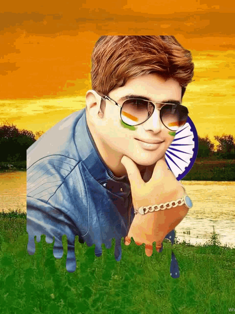 a man wearing sunglasses and a bracelet with the indian flag on his face