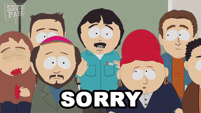 a group of south park characters with the word sorry in the middle