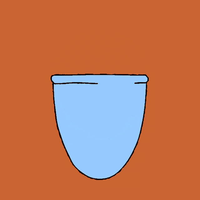 a drawing of a blue bowl with red liquid in it
