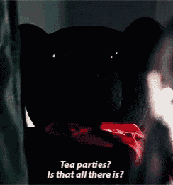 a black bear with a red scarf around its neck says " tea parties "