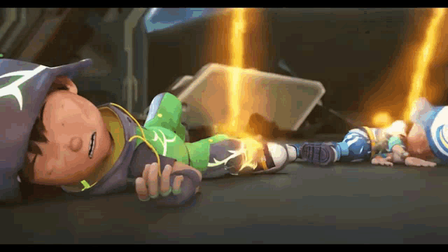 a cartoon character is laying on the ground with a glowing light behind him