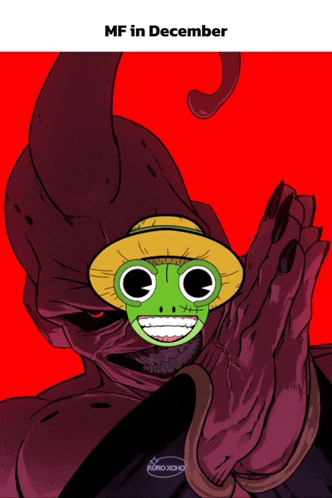 a cartoon of a monster with a mask and the words mf in december below it