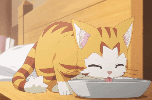 a cat is drinking from a bowl with its tongue hanging out