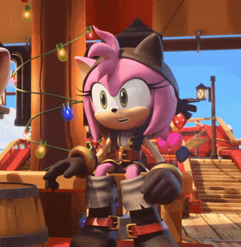 a cartoon character named amy the hedgehog is wearing a pirate outfit