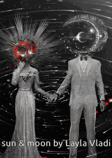 a black and white photo of a man and woman holding hands with the words sun and moon by layla vladi