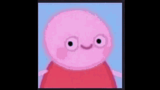 a close up of a cartoon character , peppa pig , with big eyes and a black nose .