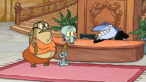 a group of cartoon characters are standing around a table