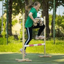 a young girl is jumping over a wooden hurdle on a court .