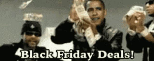 a man is holding a bunch of money in his hands with the words black friday deals below him