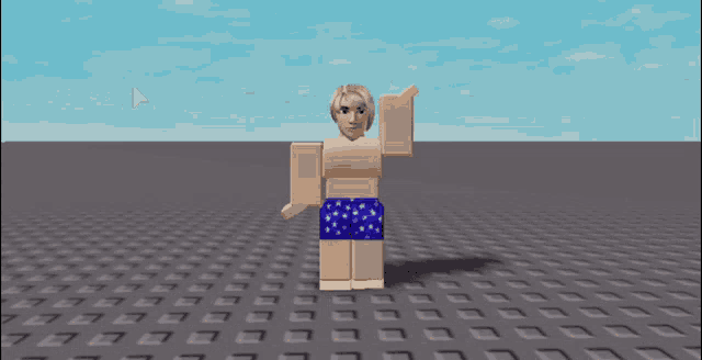 a cartoon character wearing blue and white shorts stands on a gray tile floor