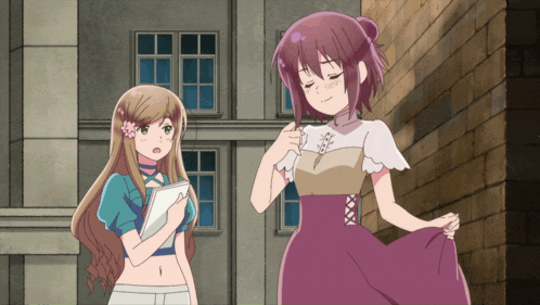 a girl with a flower in her hair is standing next to a girl in a purple dress
