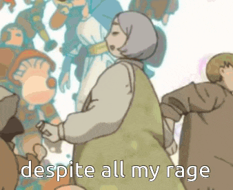 a cartoon of a woman standing in a crowd with the words despite all my rage above her